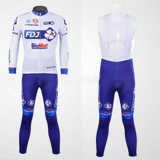 2012 Maillot FDJ Tirantes Mangas Largas Blanco Y celeste